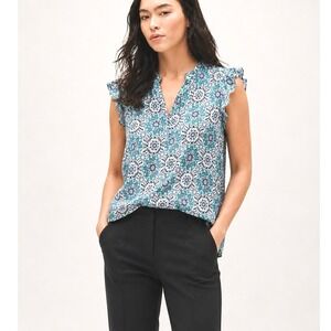 LOFT Teal Navy Medallion Print Ruffle Cap Sleeve Rayon Blouse Shell Top